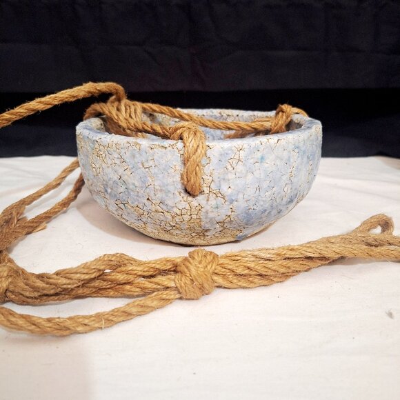 Anthropologie Rope Hanging Earthenware Planter Crackle Blue Glaze 7” Unused - Picture 2 of 6